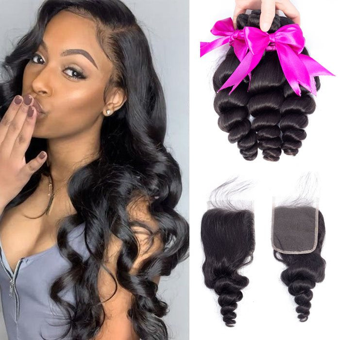 Simidola 3Pcs Loose Wave Bundles with 4x4 Loose Deep Closure 10A Grade 100% Human Virgin Hair