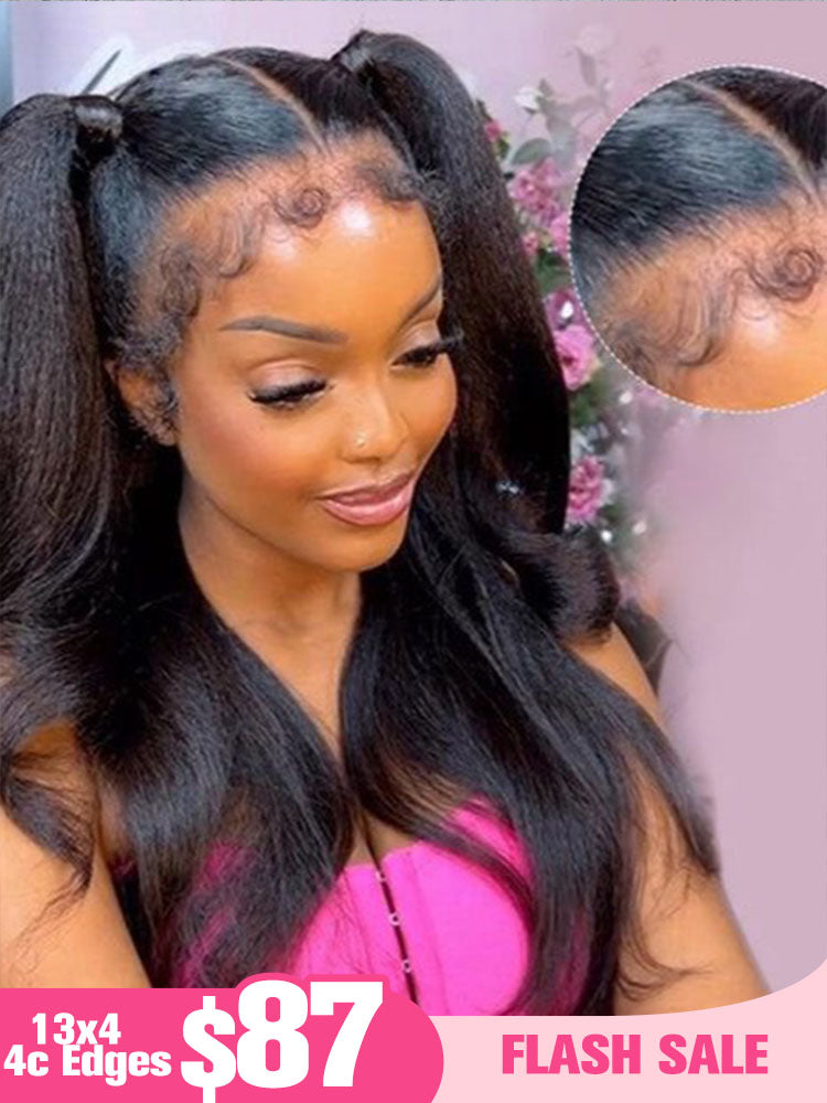 Limited Flash Sale |Type 4C Kinky Edges Human Hair Wigs Kinky Straight 13x4 Lace Frontal Wig With Realistic Hairline