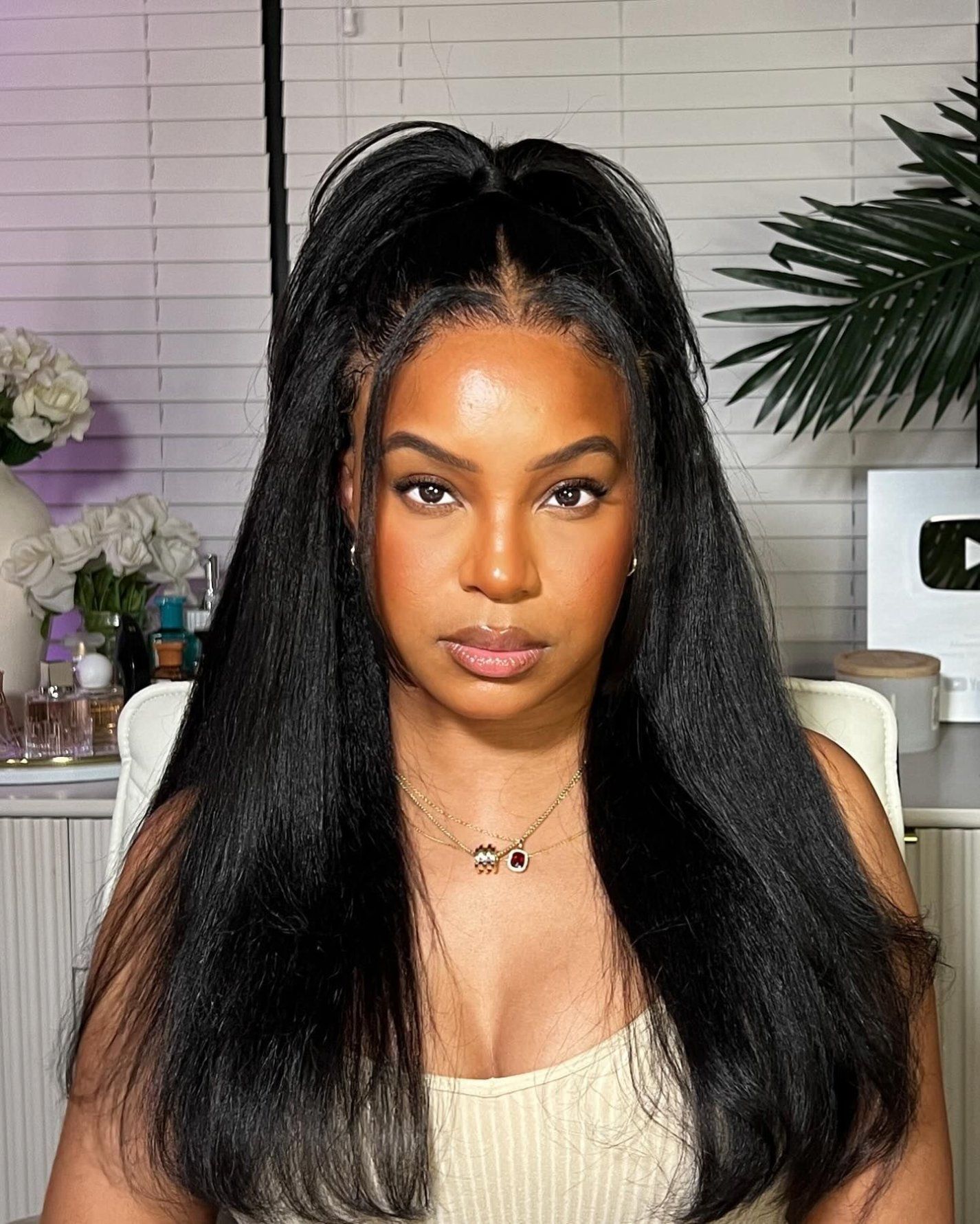 Simidola Glueless Yaki Straight Hair 3 In 1 Half Wig Drawstring Band Wear Go Wig Invisible Hairline