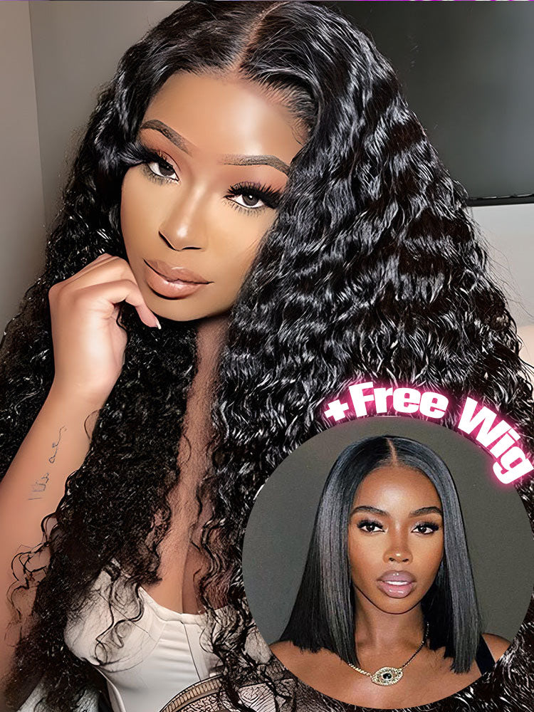 Buy 1 Get 1 Free| Simidola 13x4 Lace 200% Density Water Wave Hair Wig & Free 10 inch 7x5 Wear Go Straight Hair  Wig
