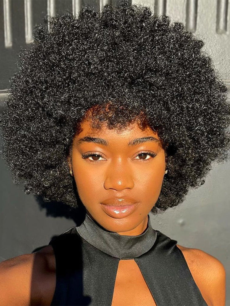 Simidola Glueless Afro Curly Bangs Wig Short Bob Fluffy Full Machine Made Human Hair Wig