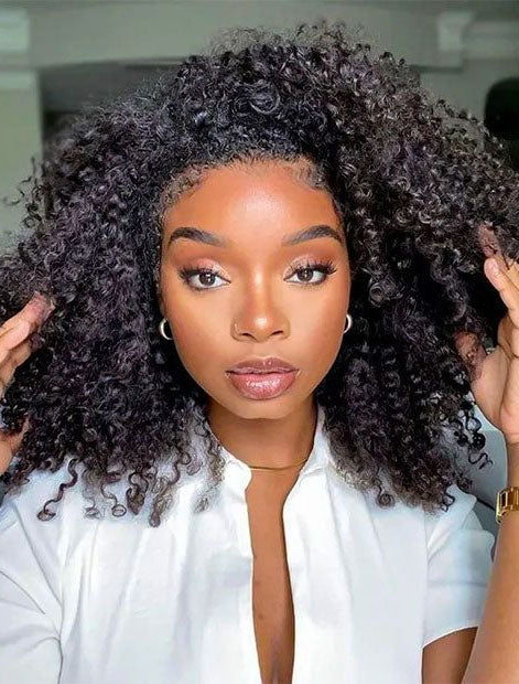 Buy 1 Get 1 Free | Glueless Afro Curly 3 In 1 Half Wig & Free 12 Inch Wear & Go Glueless Highlight Color 7x5 Kinky Curly Hair Wig