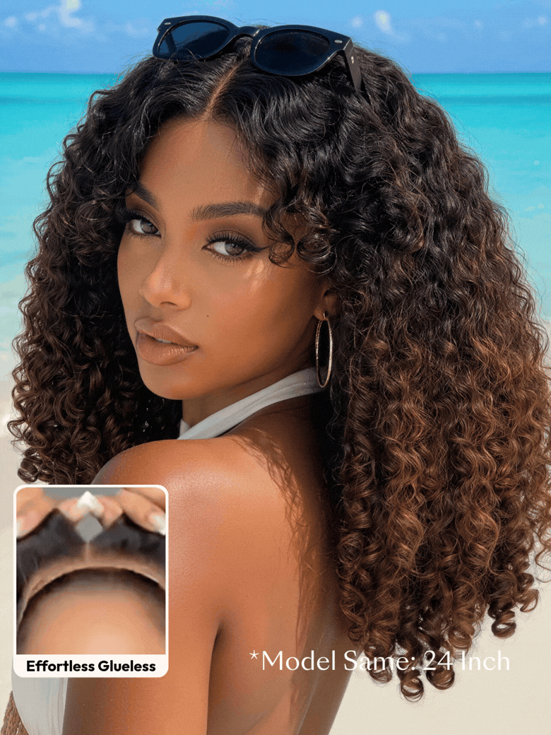 Perruque 7x5 Glueless Lace Ombre Noir au Châtain Bouclé Birmanie avec pointes Finger Coils – Pose facile et rapide grâce au lacet invisible