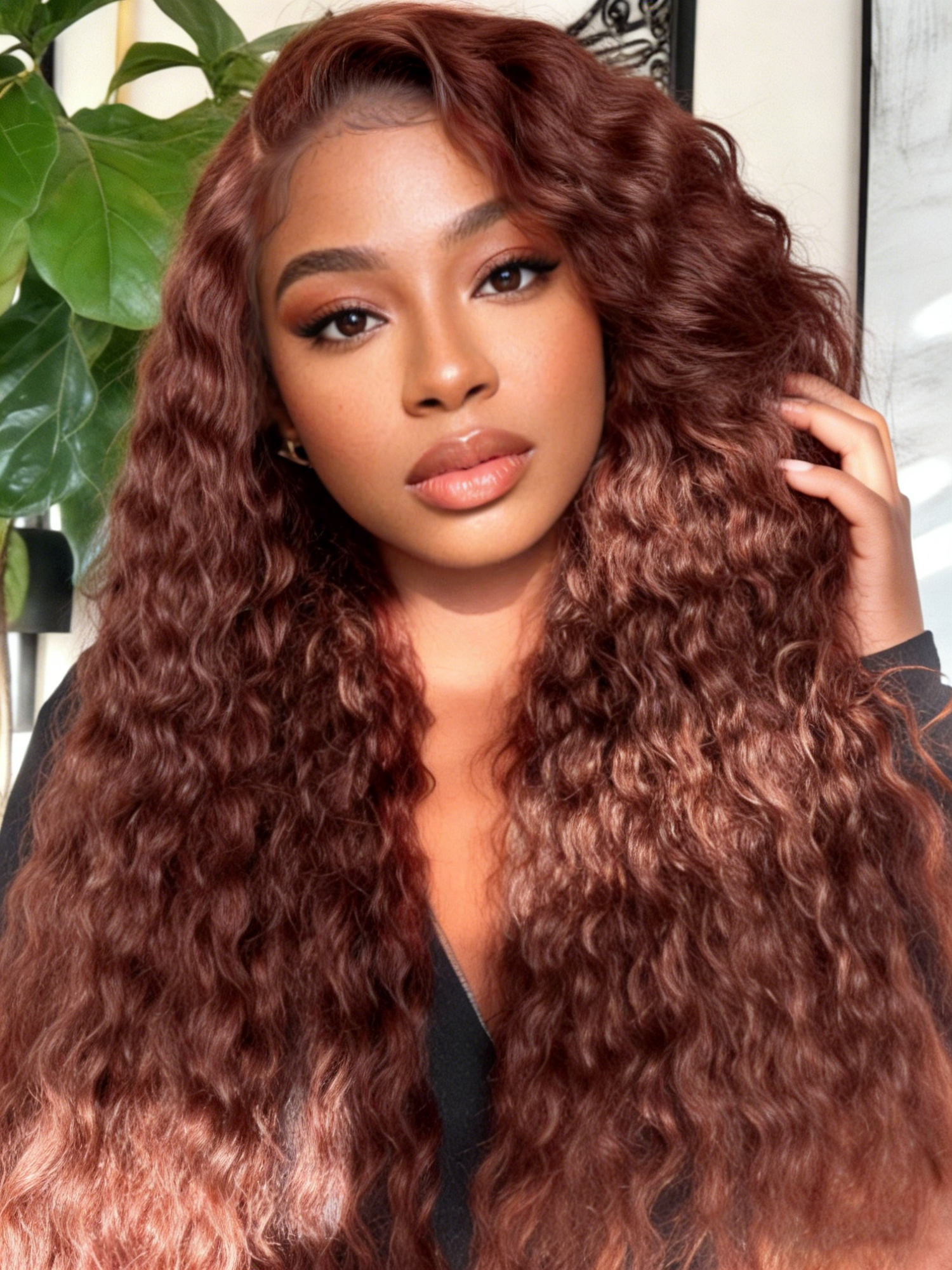 Simidola Dark Copper Red Water Wave Closure Wig Natural Pre-plucked