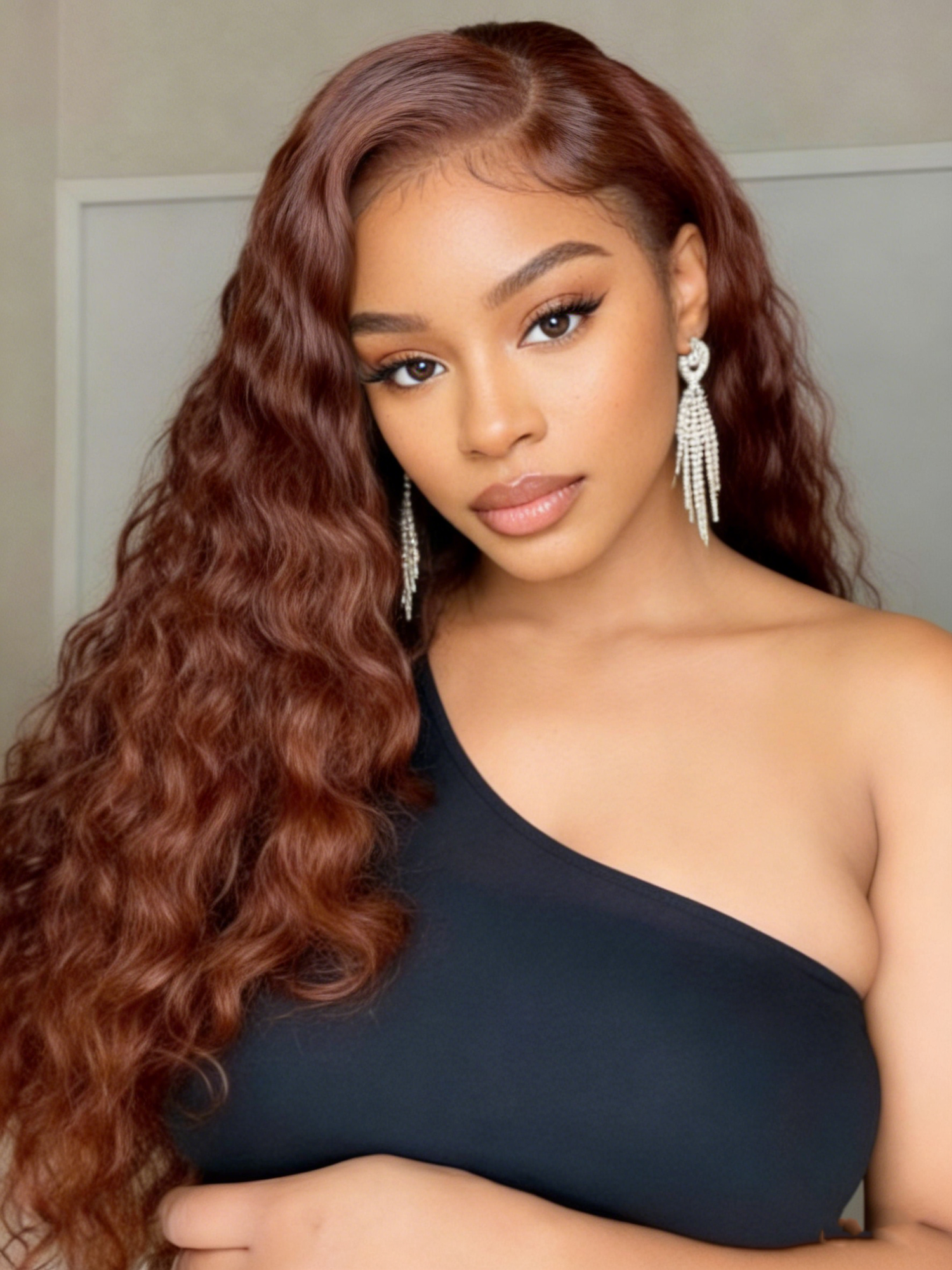 Simidola Dark Copper Red Water Wave Closure Wig Natural Pre-plucked