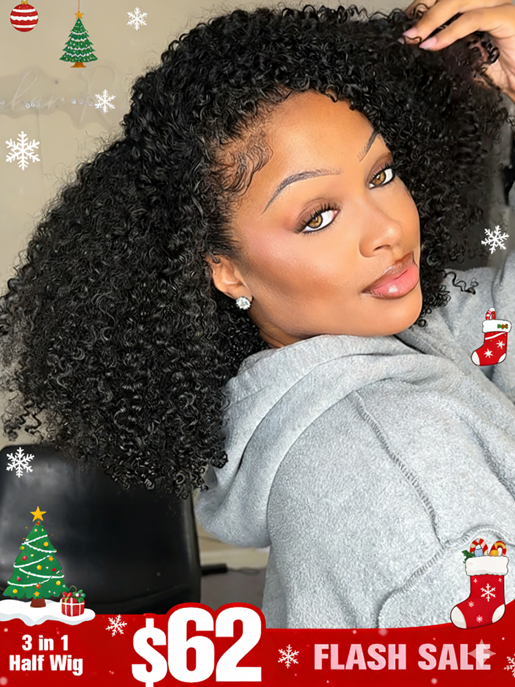 Flash Sale| 18'=$95 Glueless Kinky Curly 3 In 1 Half Wig Drawstring Band Wear Go Wig