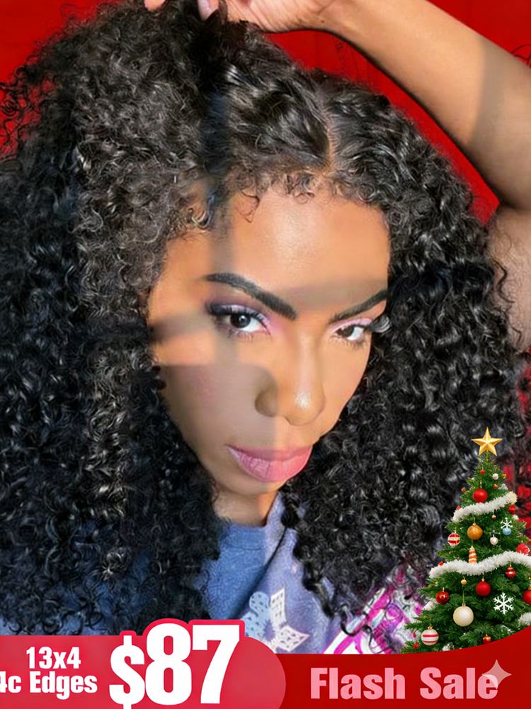 Flash Sale |18’=$109 Type 4C Kinky Edges Human Hair Wigs Kinky Curly 13x4 Lace Frontal Wig With Realistic Hairline