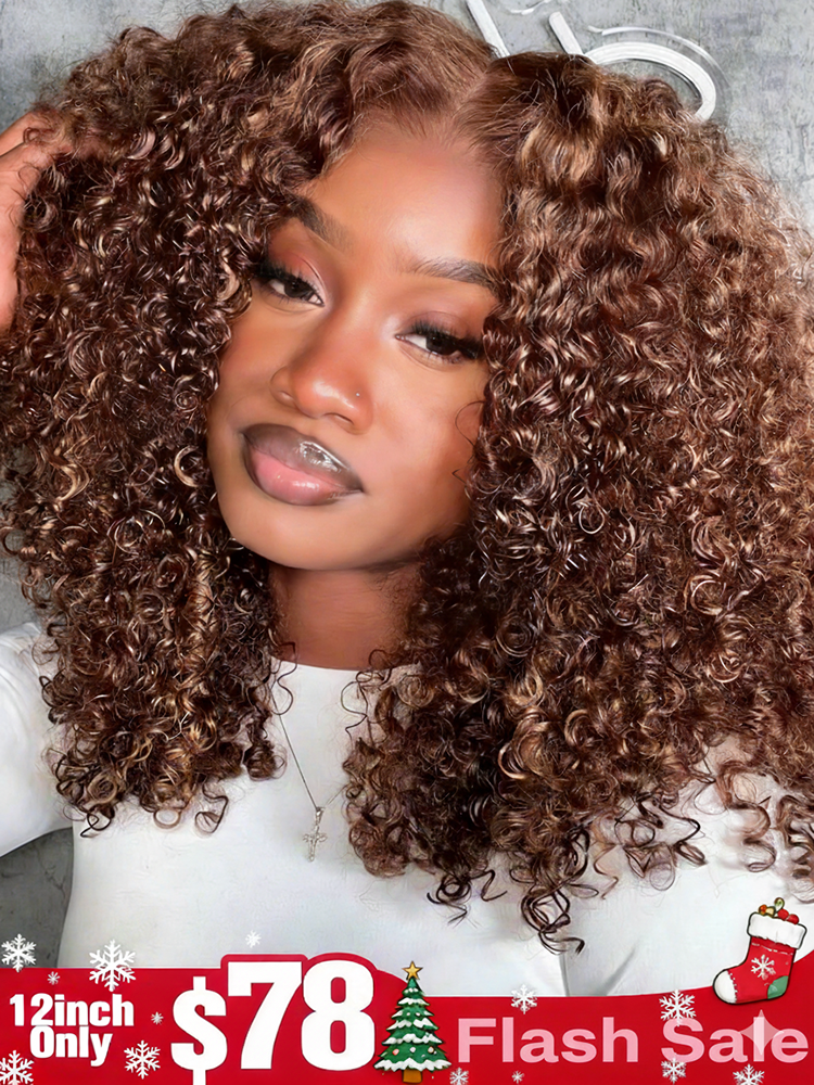 Flash Sale | 12’=$78 Highlight Brown Wear Go 4x4 Lace Kinky Curly Bob Wig