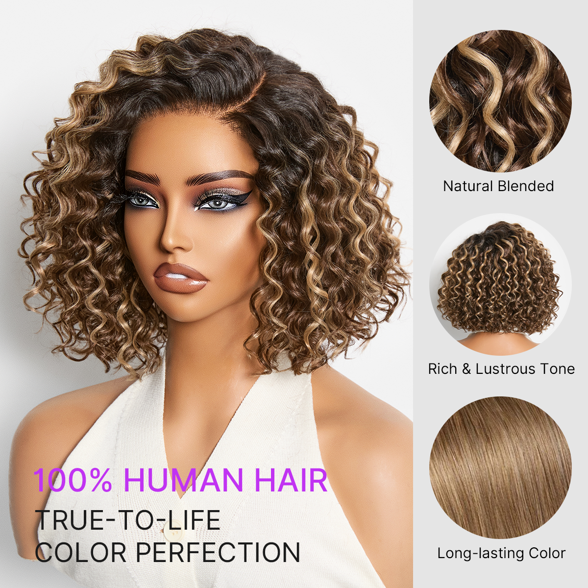 Perruque Courte Bob Ondulée Bouclée Prête à Porter avec Mèches Blondes / Noire Naturelle / Ombrée Marron - Perruque sans Colle Minimaliste en Dentelle HD avec Dentelle Pré-Coupée