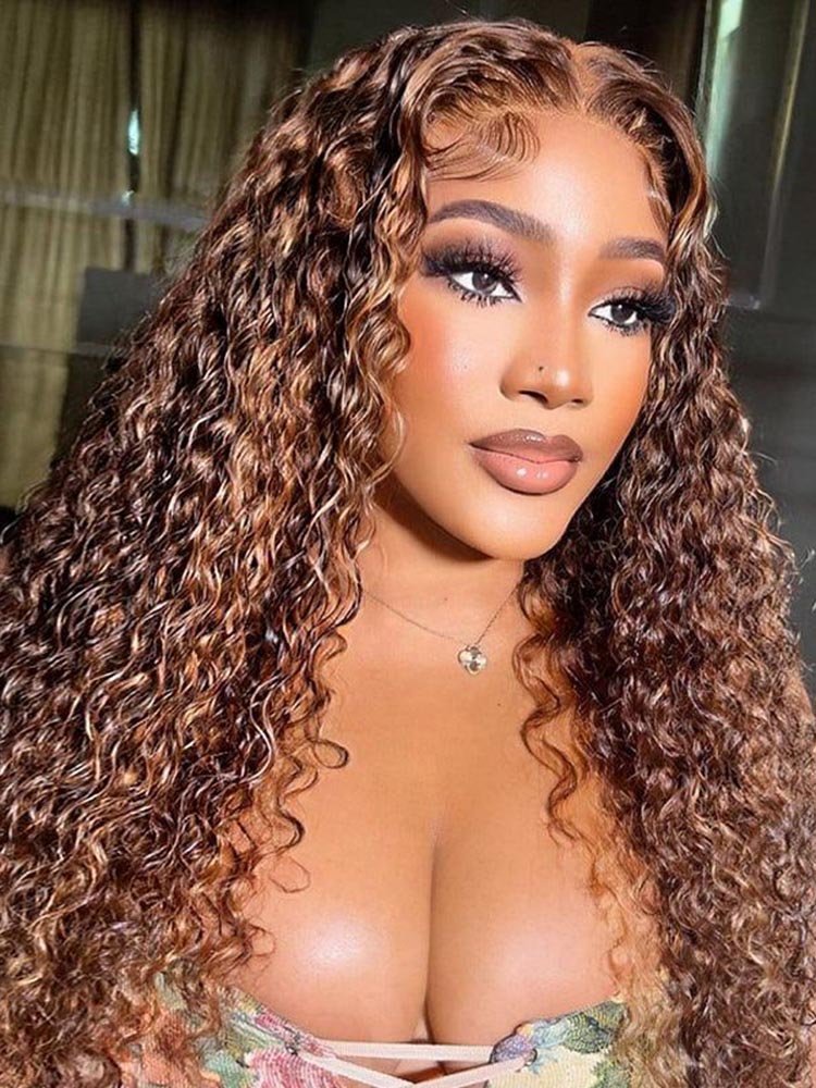 Simidola Brown Highlight 4x4/13x4 Lace Water Wave Wig Pre-plucked