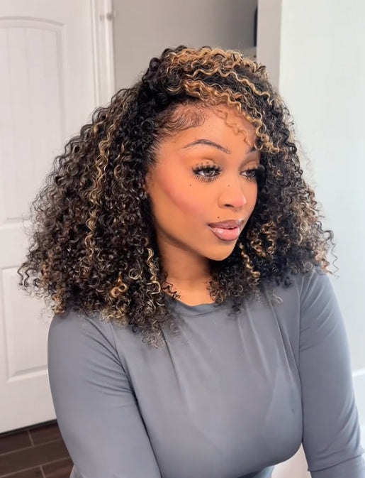Simidola Glueless 3 In 1 Half Wig Highlight Brown Kinky Curly Half Wig Draw-strings Flip Over Wig