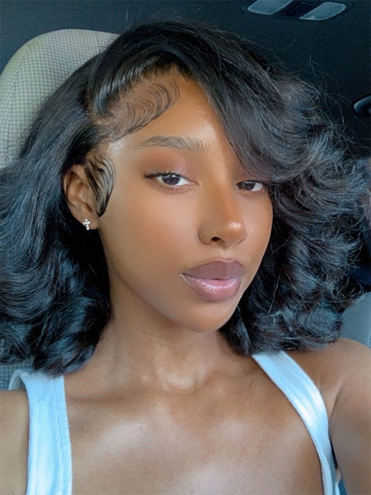 Layered Fluffy Blowout Style Bob Wear Go Glueless 4x6 Lace Closure Wig Yaki Straight HD Lace/ Brown Color Transparent Wig