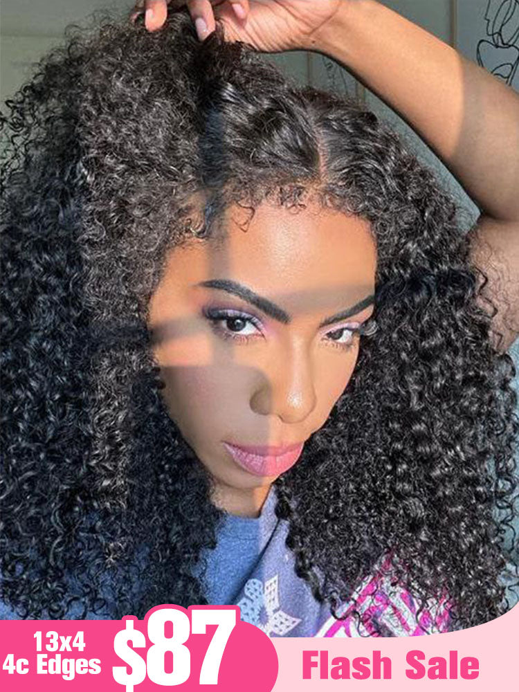 Flash Sale |18’=$109 Type 4C Kinky Edges Human Hair Wigs Kinky Curly 13x4 Lace Frontal Wig With Realistic Hairline