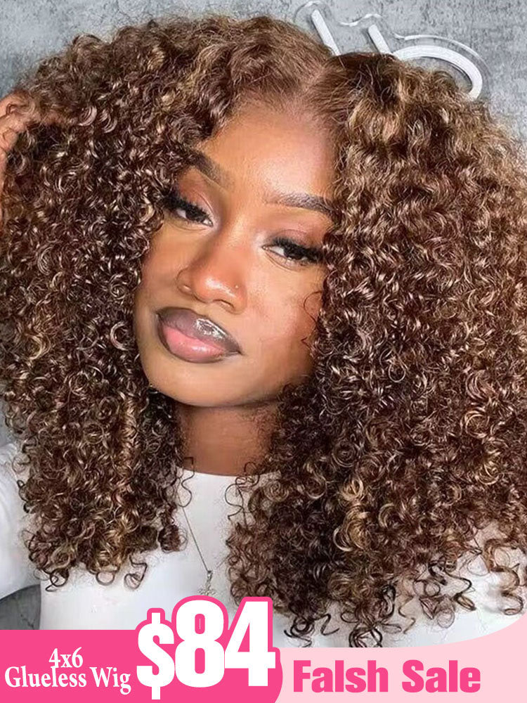 Limited Flash Sale | Simidola Highlight Brown Wear Go 4x6 Lace Kinky Curly Bob Wig