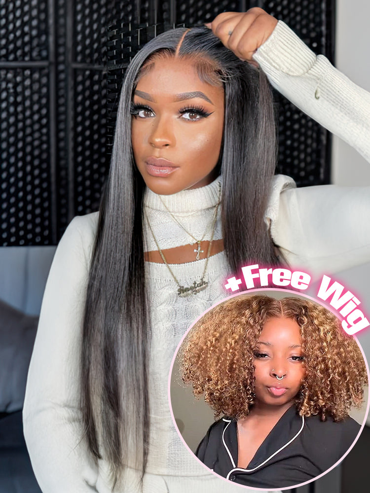 Buy 1 Get 1 Free | Simidola Wear & Go Glueless 7x5 Straight Hair Wig & Free 12 Inch Highlight Color Kinky Curly Wig