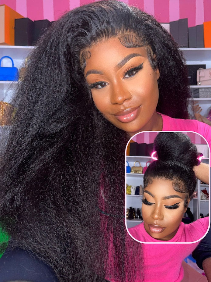 Simidola Pre-Bleached Knots Kinky Straight 13x4 13x6 HD Lace  Human Hair Wear Go Glueless Wig With Elastic Drawstring