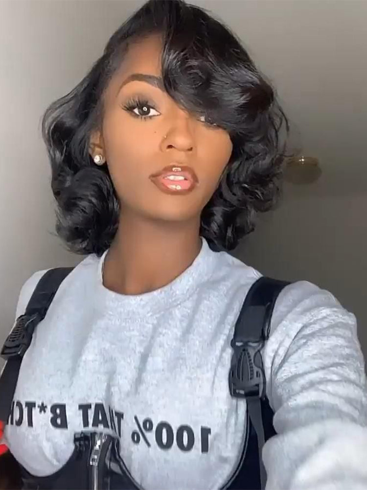 Layered Fluffy Blowout Style Bob Wear Go Glueless 4x6 Lace Closure Wig Yaki Straight HD Lace/ Brown Color Transparent Wig