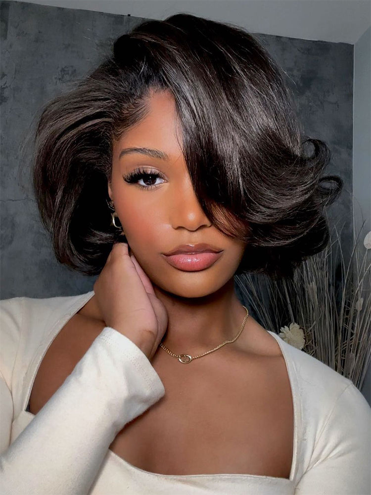 Layered Fluffy Blowout Style Bob Wear Go Glueless 4x6 Lace Closure Wig Yaki Straight HD Lace/ Brown Color Transparent Wig