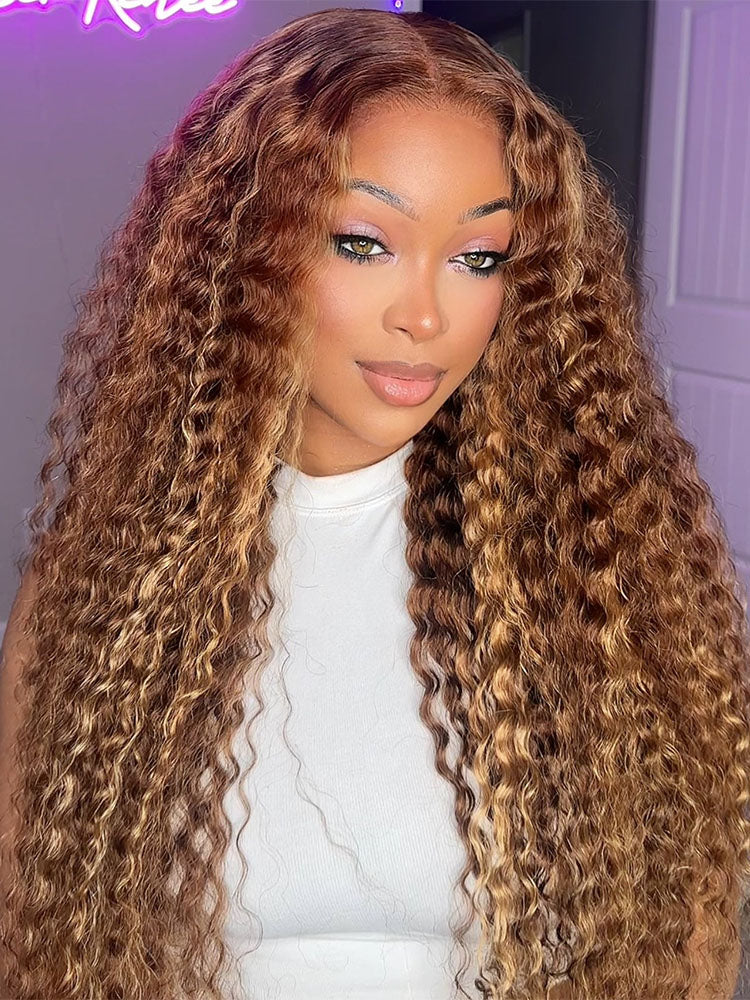 Simidola Highlight Brown Color 7x5 Lace Kinky Curly Wear Go Glueless Wig Pre Plucked Natural Hairline