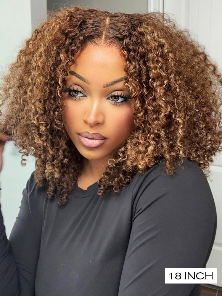 Flash Sale | 12’=$78 Highlight Brown Wear Go 4x4 Lace Kinky Curly Bob Wig