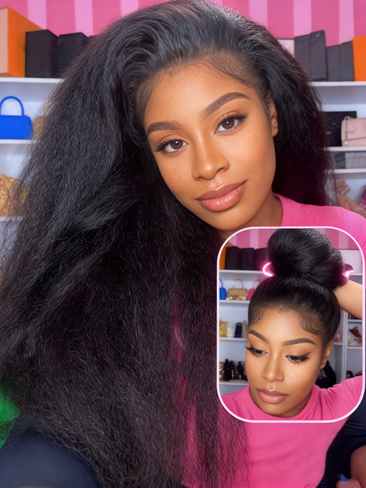 Simidola Pre-Bleached Knots Kinky Straight 13x4 13x6 HD Lace  Human Hair Wear Go Glueless Wig With Elastic Drawstring