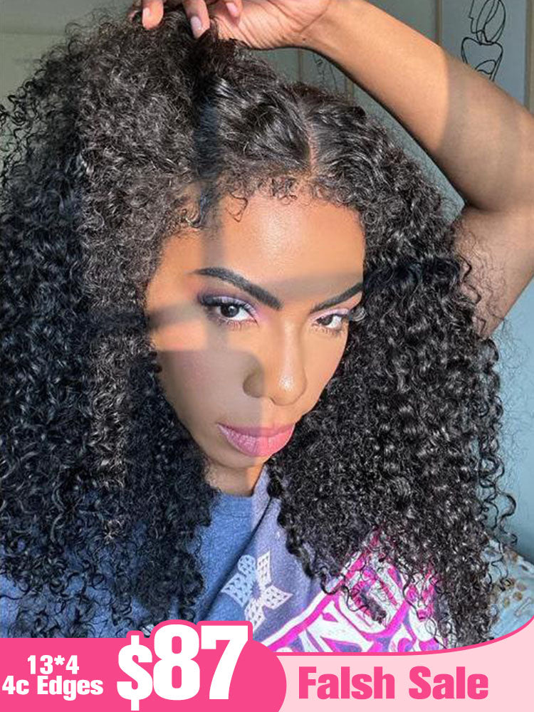 Limited Flash Sale |Type 4C Kinky Edges Human Hair Wigs Kinky Curly 13x4 Lace Frontal Wig With Realistic Hairline