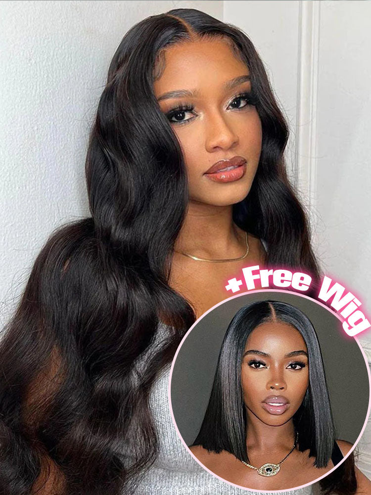 Buy 1 Get 1 Free| Simidola 13x4 Lace 200% Density Body Wave Hair Wig & Free 10 inch 7x5 Wear Go Straight Hair Wig