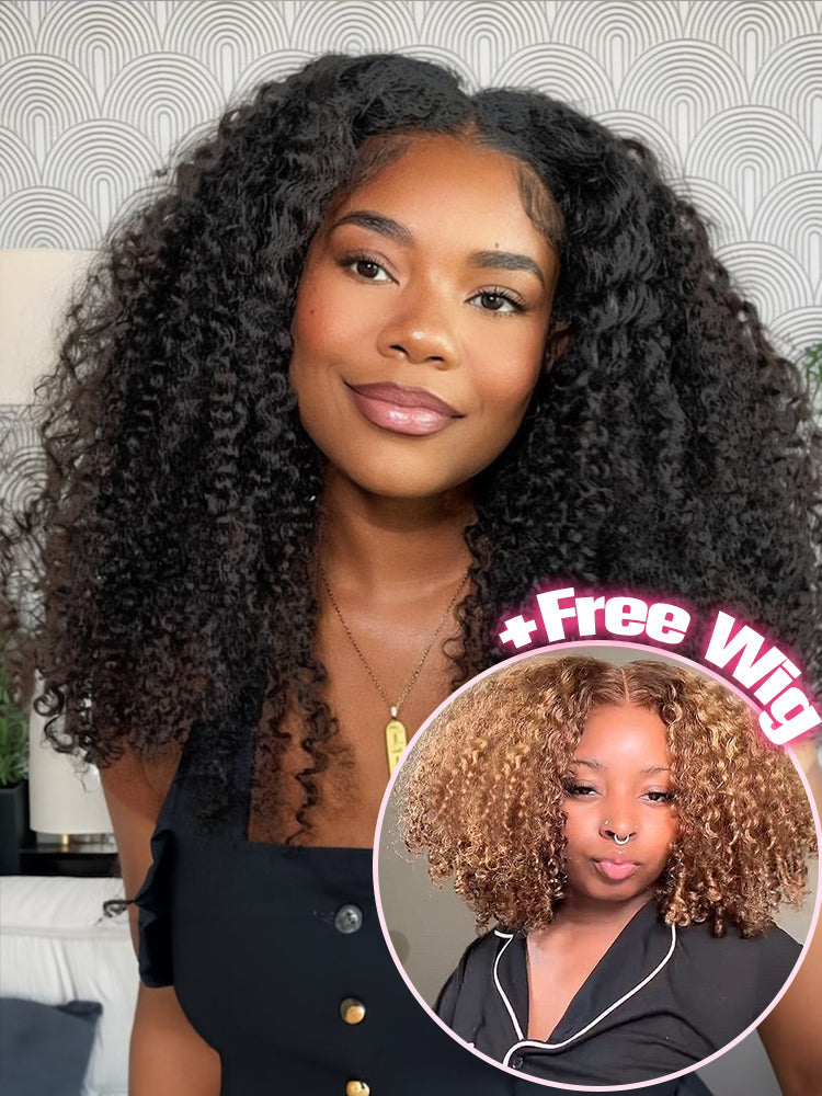 Black Friday | Simidola V Part Kinky Curly Hair Wig & Free Glueless HIghlight Color 4x6 Kinky Curly Hair Wig