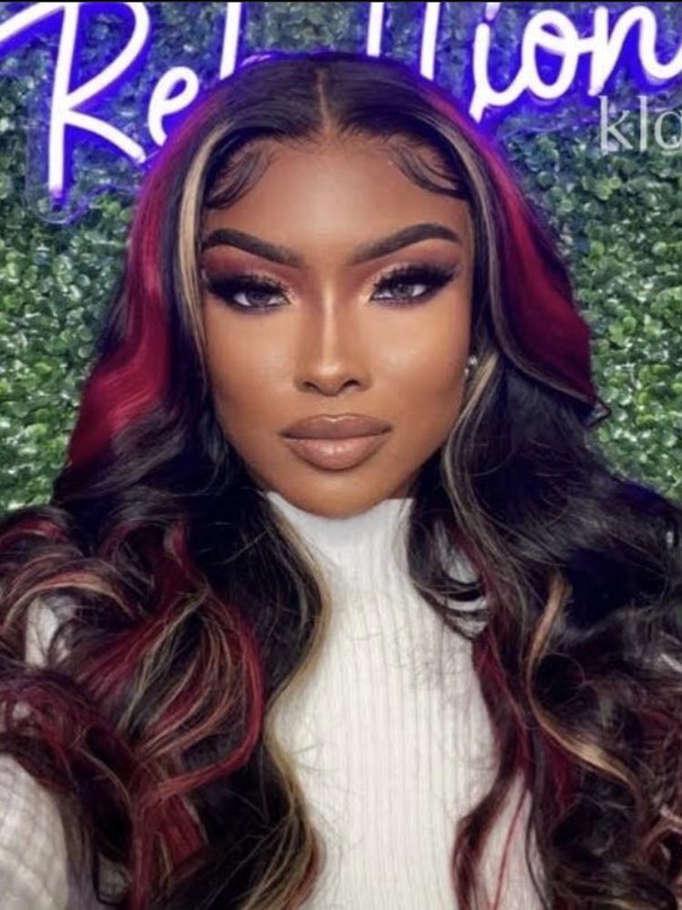 Simidola Black with Red & Blonde Highlights Body Wave Lace Front Wig