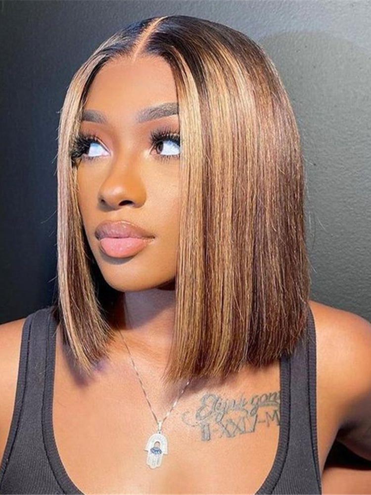 Simidola Chestnut Brown Highlights Straight Closure Bob Wig
