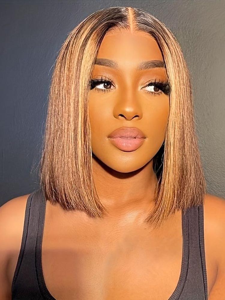 Simidola Chestnut Brown Highlights Straight Closure Bob Wig