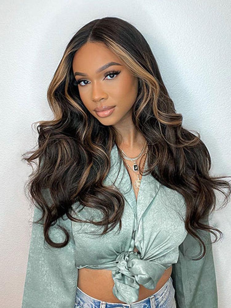 Simidola Chocolate Brown With Peek A Boo Blonde Highlights Loose Wave Wig