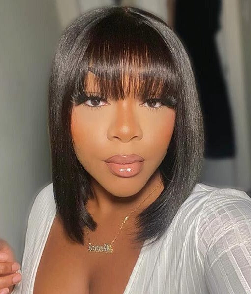 Simidola 4x4 Transparent/HD Lace Yaki Straight Bob Wig With Bangs