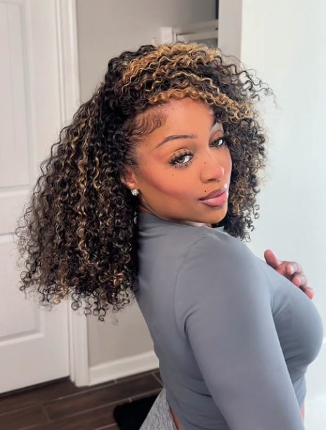 Simidola Glueless 3 In 1 Half Wig Highlight Brown Kinky Curly Half Wig Draw-strings Flip Over Wig