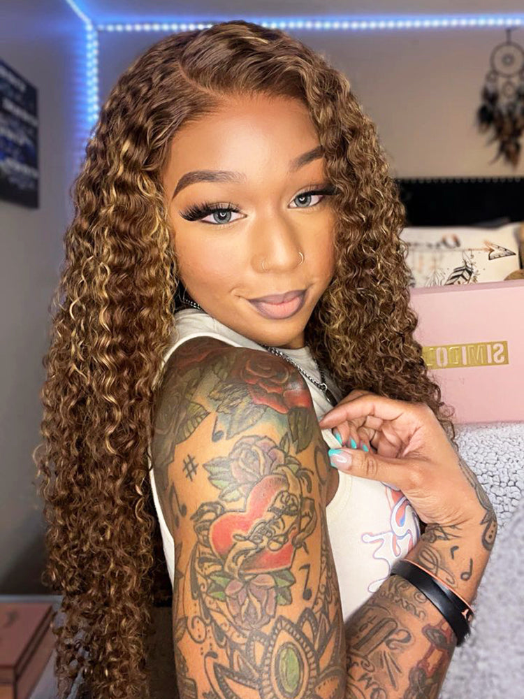 Simidola Highlight Brown Color 7x5 Lace Kinky Curly Wear Go Glueless Wig Pre Plucked Natural Hairline