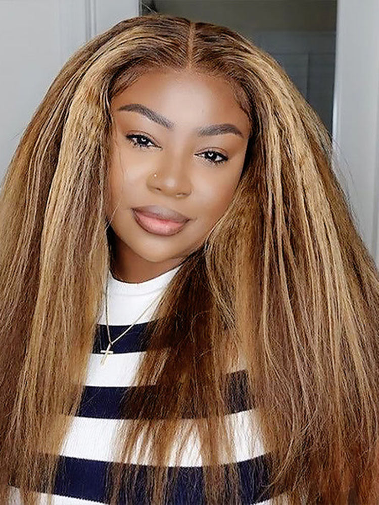 Simidola Honey Blonde Highlight Kinky Straight Lace Frontal Wig