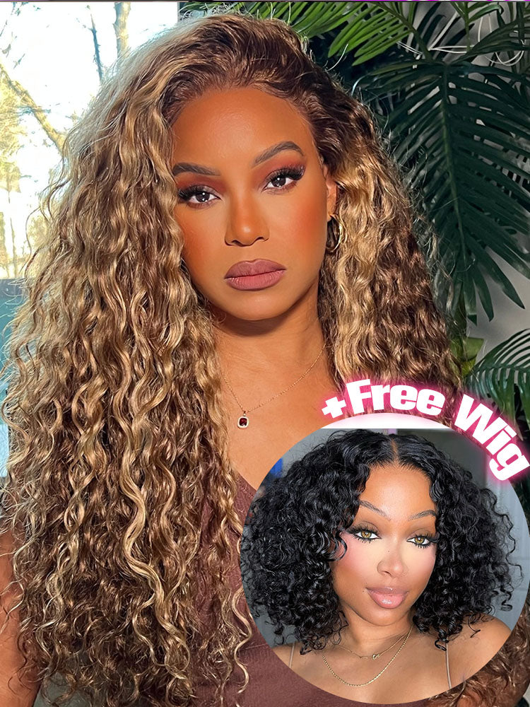 Buy 1 Get 1 Free | Wear & Go Glueless Highlight Color 7x5 Water Wave Hair Wig & Free 14 Inch Wear Go Water Wave Wig