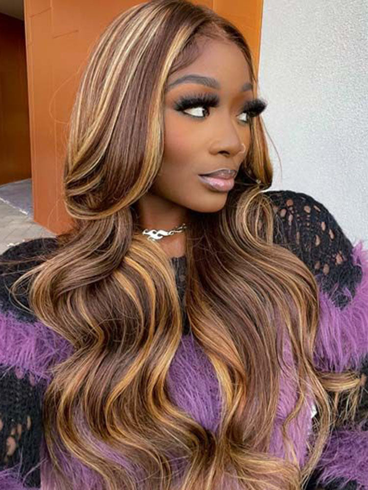 Simidola 13x4 13x6 Lace Highlight Brown Color Body Wave Glueless Wear Go Wig With Elastic Drawstring