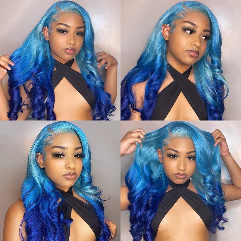 Simidola 13x4 Transparent Lace Adore Baby Blue Ombre Color Straight Front Wig
