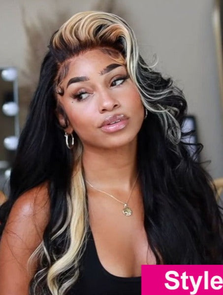 Simidola Black Wig With 613 Blonde Highlights Skunk Stripe Body Wave Wigs