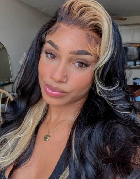 Simidola Black Wig With 613 Blonde Highlights Skunk Stripe Body Wave Wigs