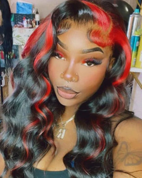 Simidola Red/ Blue Skunk Stripe Body Wave Human Hair Wigs