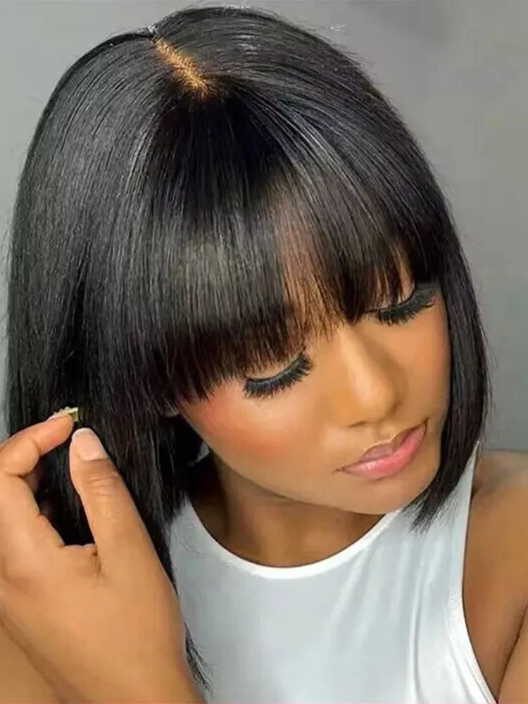 Simidola 4x4 Transparent Lace Straight Hair Bob Wig With Bangs