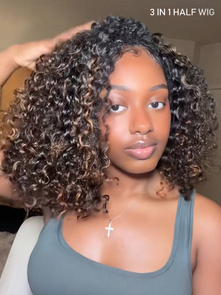 Simidola Glueless 3 In 1 Half Wig Highlight Brown Water Wave Half Wig Draw-strings Flip Over Wig