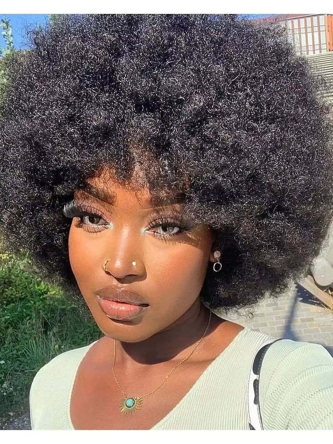 Simidola Glueless Afro Curly Bangs Wig Short Bob Fluffy Full Machine Made Human Hair Wig