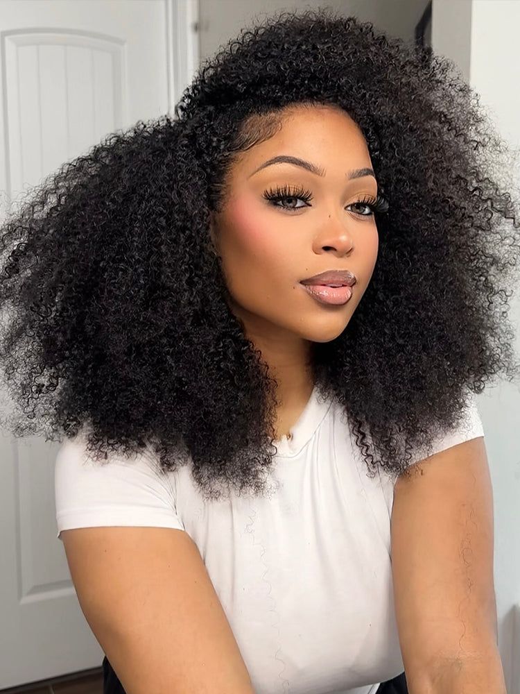 Simidola Glueless Afro Curly 3 In 1 Half Wig Drawstring Band Wear Go Wig Invisible Hairline