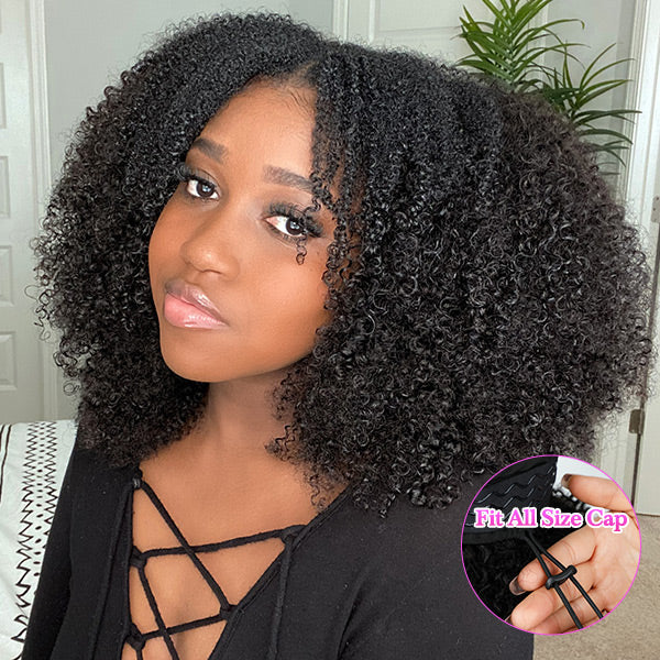 Simidolahair Glueless Wigs V Part Afro Curly Wig No Leave Out Thin Part Human Hair Wig With Drawstring Beginner Friendly