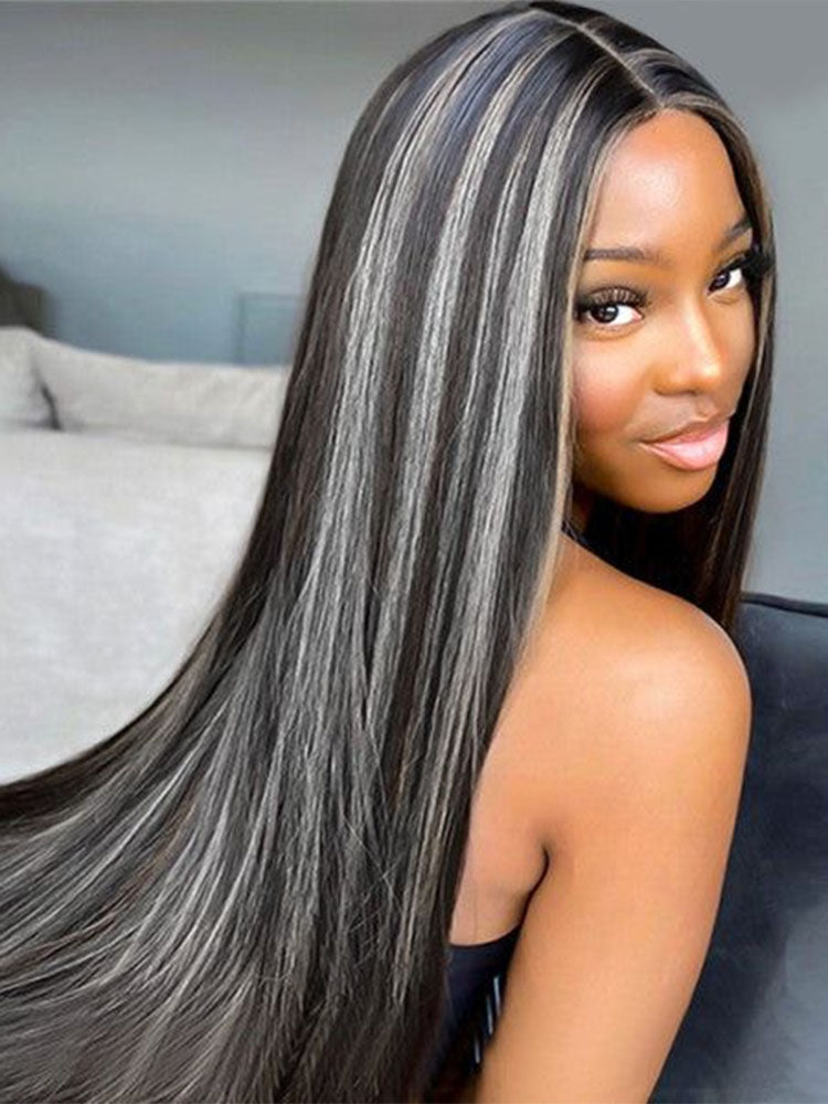 Simidola 4x4/13x4 Platinum Gray And Black Straight Highlights Hair Lace Front Wigs