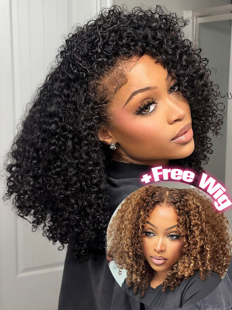 Buy 1 Get 1 Free | Glueless Afro Curly 3 In 1 Half Wig & Free 12 Inch Wear & Go Glueless Highlight Color 7x5 Kinky Curly Hair Wig