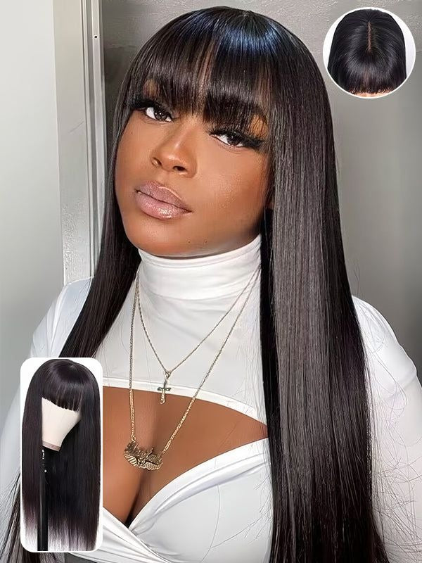 Pre-Everything 7x5 9X6 Straight Hair With Bangs Blunt Cut Soft Face-Framing Bangs Human Hair Wear Go Wig